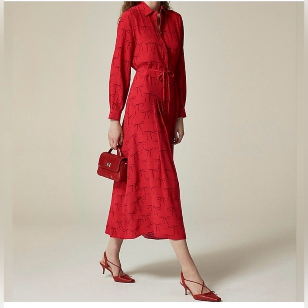 J. Crew Red Bow tie drapey Midi Shirt Dress with Tie Waist 6